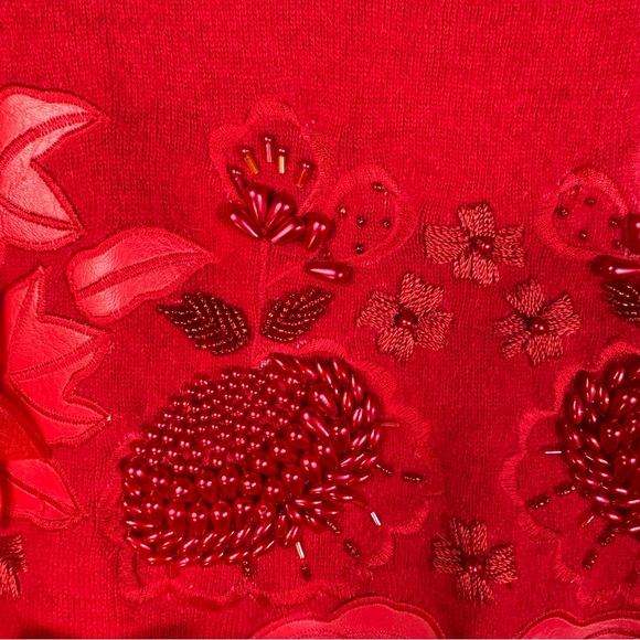vintage cranberry red embroidered beaded holiday sweater angora wool HONG KONG - Picture 4 of 14